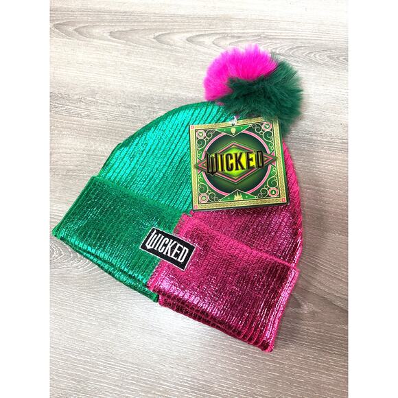 NWT Universal City Studios Wicked Adult Metallic Beanie Hat Pom Pom Pink Green - Picture 2 of 4